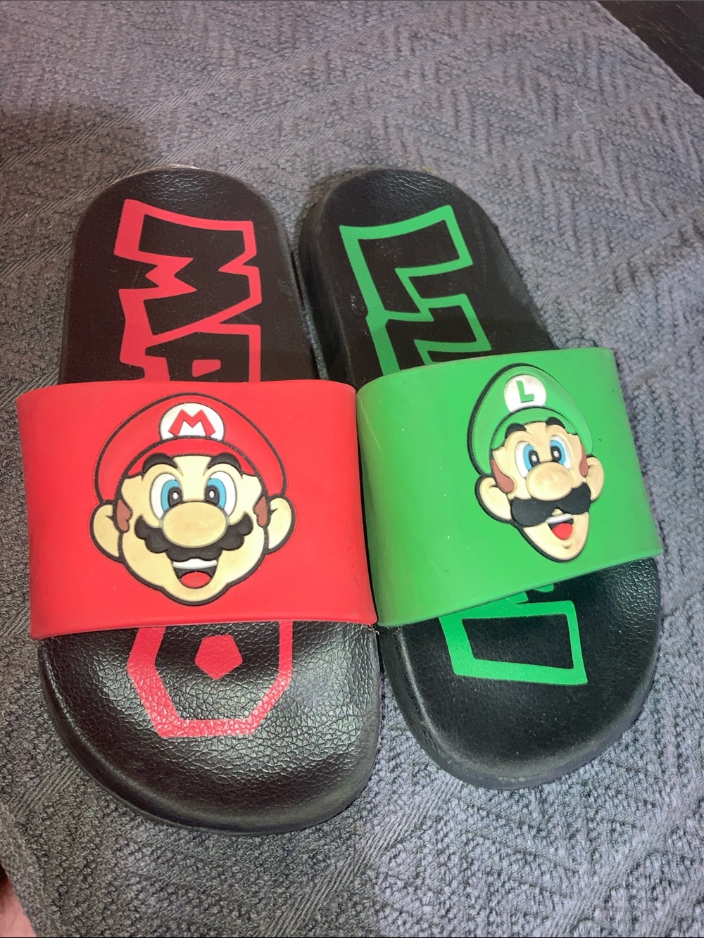 Kids Red & Green Character Slide Sandals with Mario and Luigi Faces